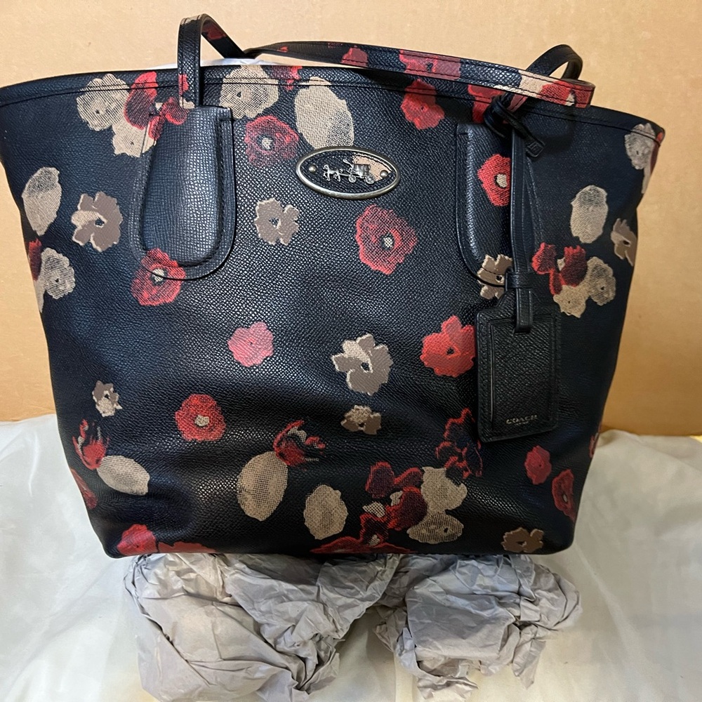 Coach Black Floral Tote with Red and Tan Accents